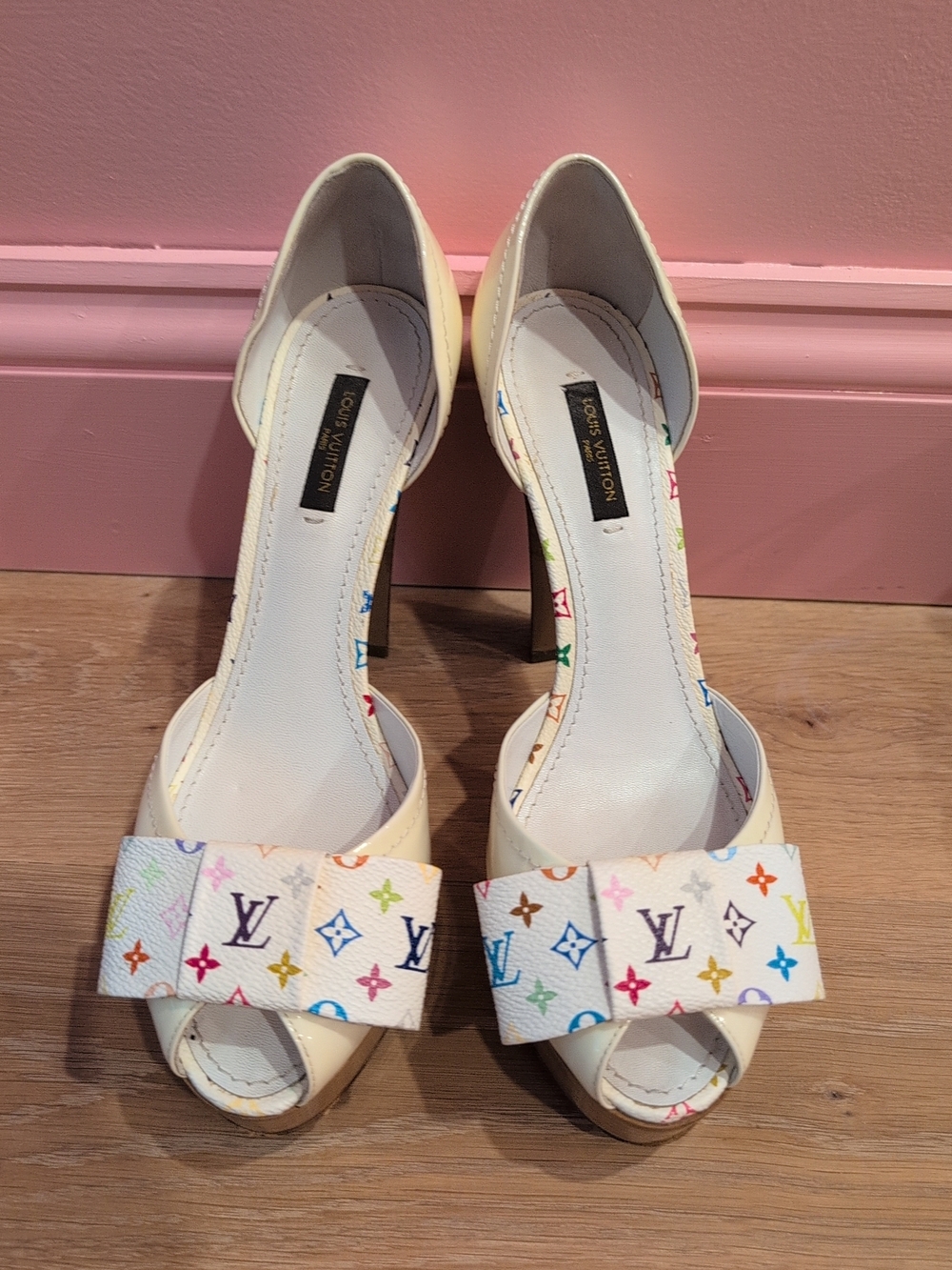 Louis Vuitton Cream Multicolor Monogram Peep-Toe Heels